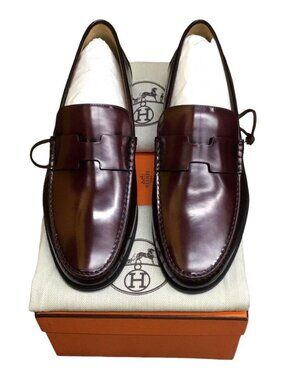 NWB Hermes Duke Loafer Mens Sz 43 Burgundy Calf Skin Leather